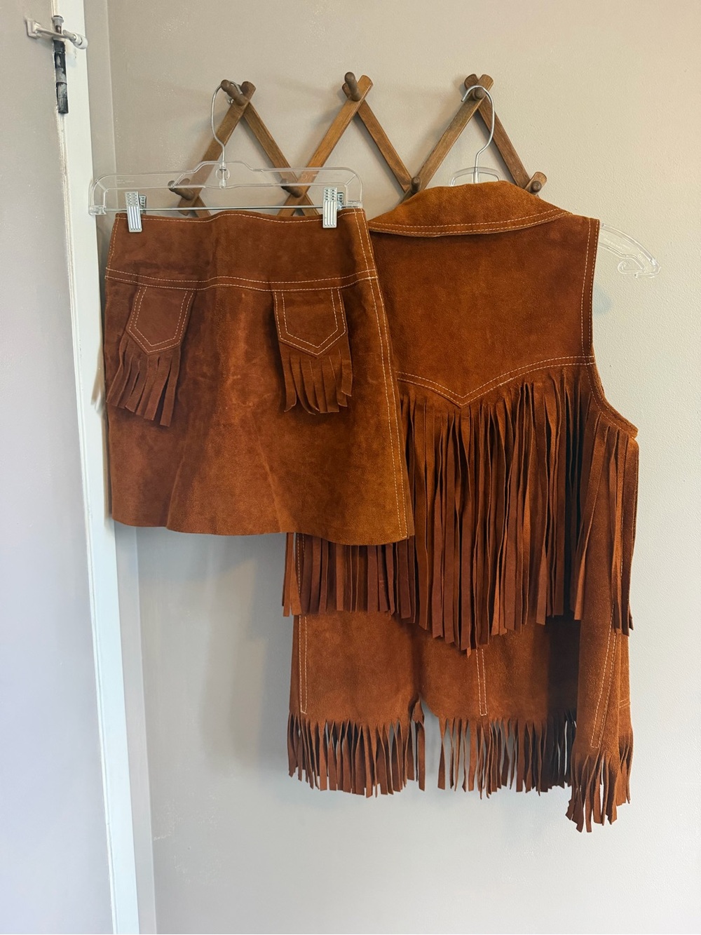 Vintage 70s Suede Leather Fringe Vest Mini Skirt Set Rust Brown XS S